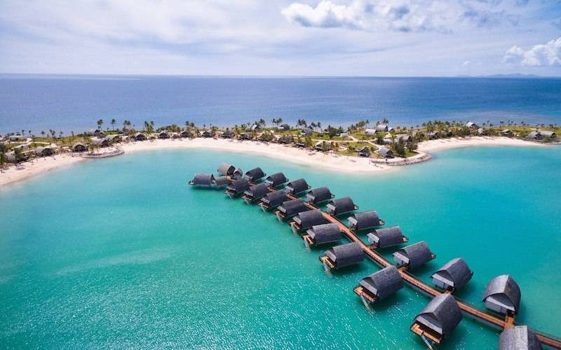 Aerial Image of Marriot Resort's Overwater Bungalows and Inland Accomodation.